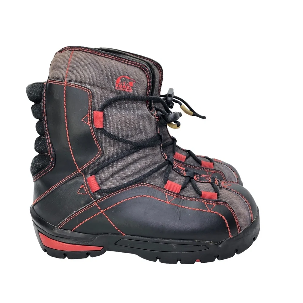 SOREL Sneaky Pete KID'S Size 3 Black Sail Red Leather WINTER Ankle Snow Boots